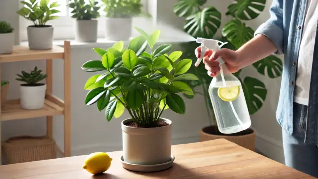 健康的な観葉植物にレモン水をスプレーしている様子。レモンと水が入ったスプレーボトルが映っており、明るい室内で撮影されたシンプルな背景が特徴。