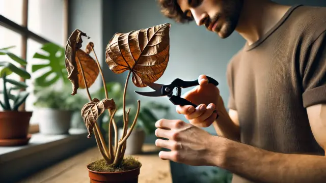 観葉植物の枯れた茶色の葉を剪定ばさみで丁寧に切り取っている様子。健康な植物を維持するために、枯れた葉を取り除く重要な作業が描かれている。背景はシンプルで、室内の柔らかい自然光が植物と剪定の動作を際立たせている。