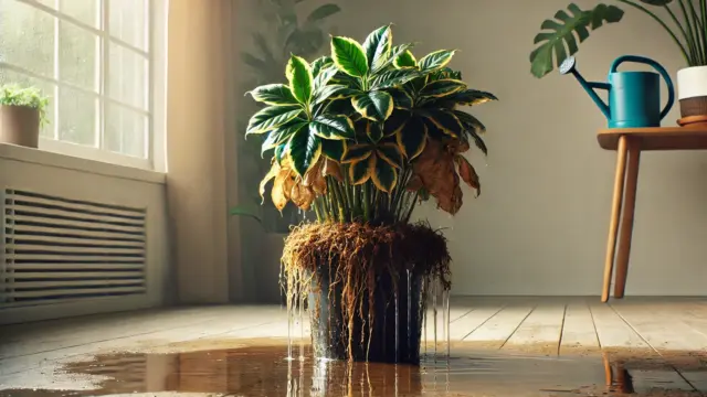 過剰に水やりされた植木鉢の植物が黄ばんだ葉としおれた姿を見せている。土壌は水浸しで、鉢の底に水が溜まっている様子が強調されている。