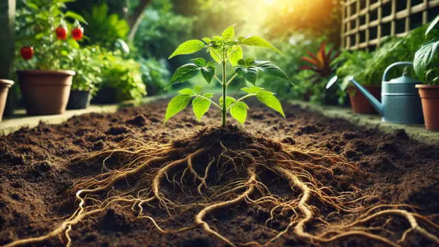 健康的で根がしっかりと張った地植えの植物が、豊かな湿った土壌で育っている様子。自然光が差し込む屋外の庭にあり、植物は追加の水やりが不要であることが強調されている。