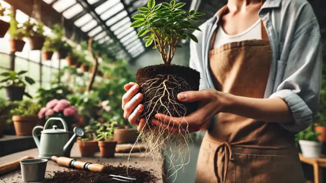 A close-up of a gardener carefully inspecting the roots of a potted plant, with roots gently exposed from the soil. The background shows an indoor environment with plants and gardening tools.