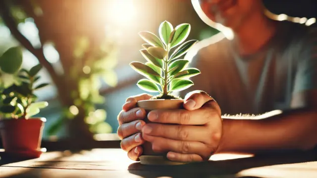 日光を浴びながら屋外で植物を優しく手入れしている人。緑豊かな葉が陽光を反射し、植物と人が穏やかな自然の中で太陽の光を楽しんでいるシーン。