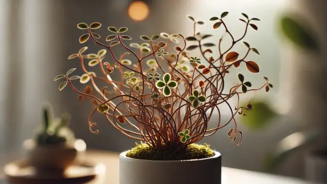 A close-up of a wire plant (Muehlenbeckia) showing dried leaves alongside new green growth, symbolizing its recovery in an indoor setting.