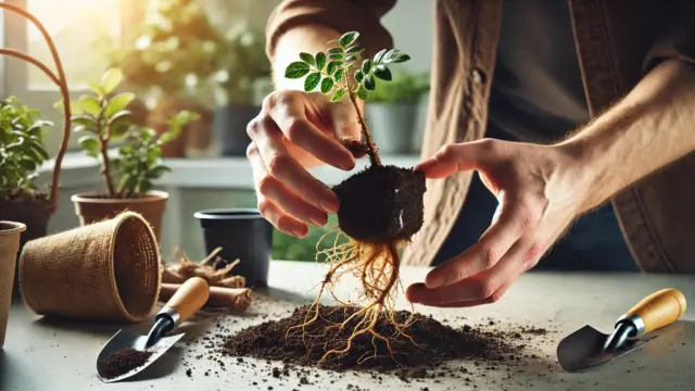 植物の根を丁寧にほぐしているガーデナーの手元。黒いビニールポットから取り出された植物の根が広げられている