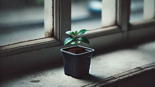 窓際に置かれた黒いビニールポットに植えられた小さな苗が放置され、葉がしおれ気味で土が乾燥している状態。