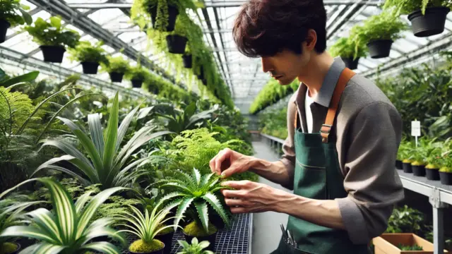 温室内で日本人の観葉植物生産者が、元気な室内植物を丁寧に手入れしている様子をアップで捉えた画像。