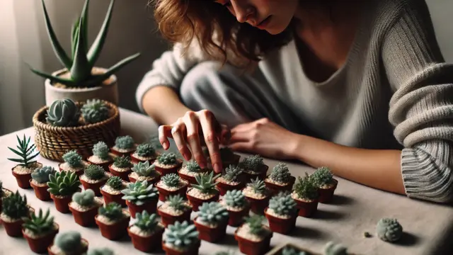 小さな多肉植物を丁寧に手入れしている人の様子。多肉植物好きな人の性格を表す穏やかなシーン