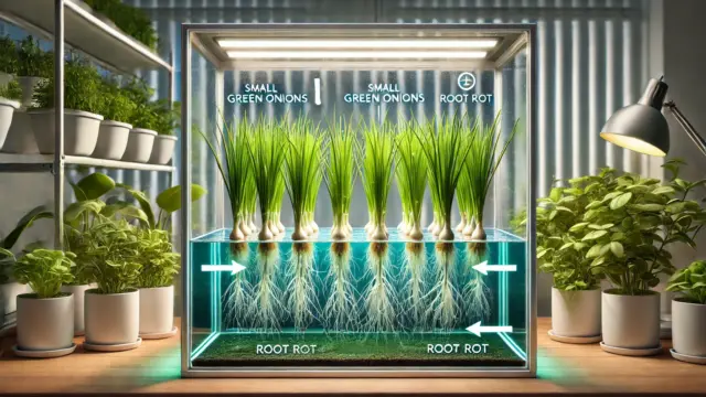 小葱を水耕栽培で育てるためのシステムを示す画像。清潔な水の中で強い根を伸ばす小葱が成長し、通気や排水が適切に行われている。明るい自然光が差し込む管理された環境で小葱が育っている。