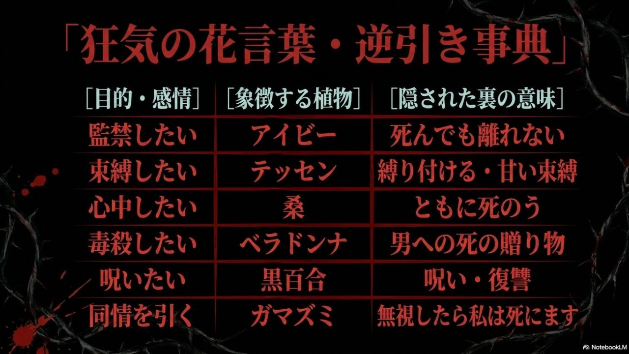 物語の序盤（偽装された献身）から終盤（記号の意味の反転）、結末（伏線回収による知的驚愕）へと至るプロセスを、毎日スノードロップを贈るヒロインを例に「殺害のカウントダウン」が露呈する恐怖の演出として視覚化した設計図スライド。