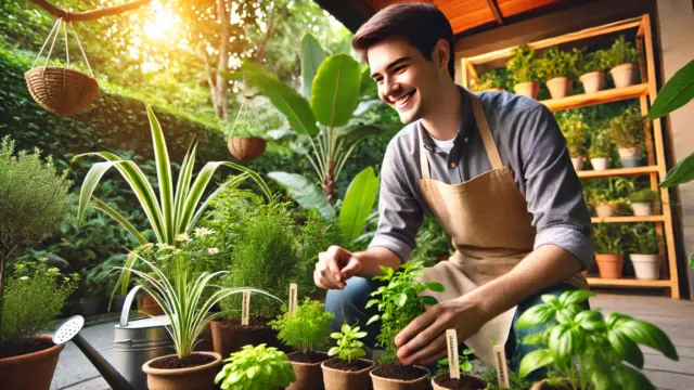 幸せそうな人が庭で元気な植物に囲まれている様子。さまざまな植物が健康に育っており、ガーデニングの成功を象徴するシーン。