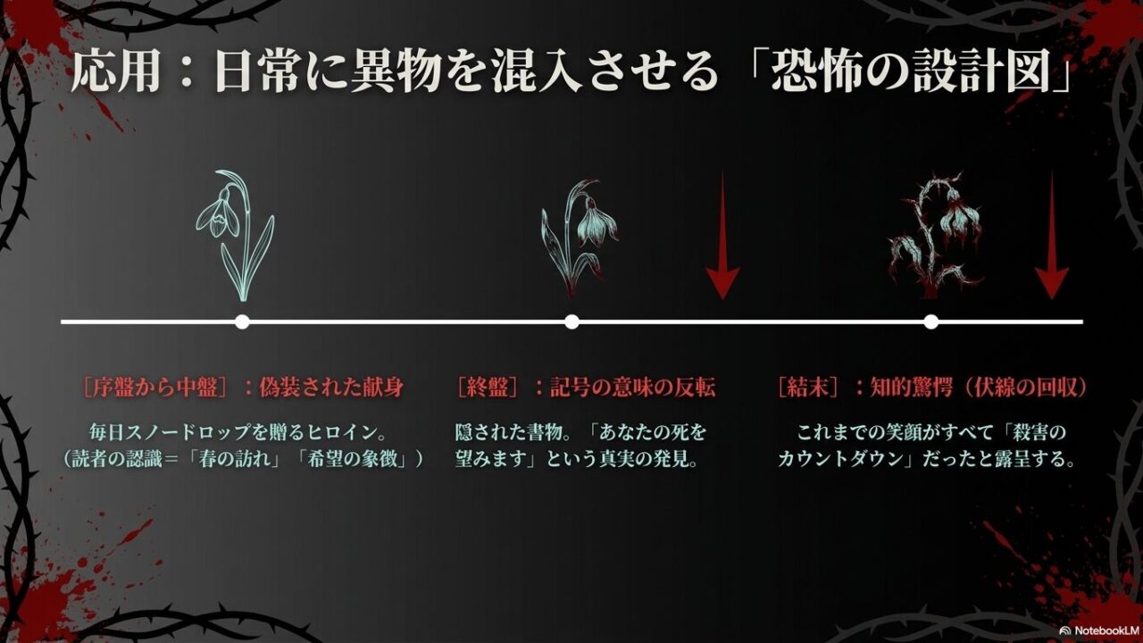 植物が秘める無慈悲な生存戦略や血塗られた伝説をキャラクターの異常な愛と同期させ、緻密な伏線として組み込むことで、物語を退廃的で美しい芸術へと昇華させるメッセージをまとめた結論スライド。