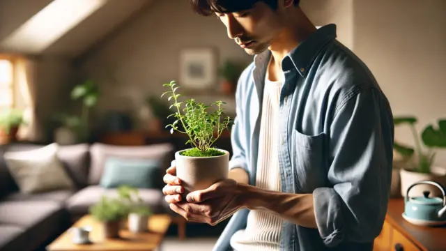 植物を育てるカジュアルな服装の日本人男性が、穏やかな室内で小さな観葉植物を持ち優しく世話をしている様子。