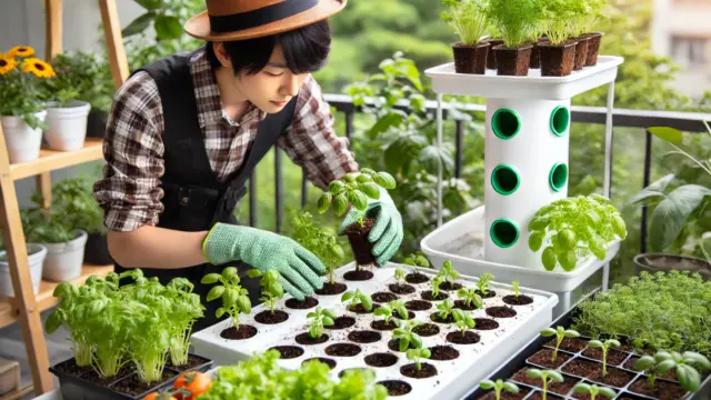 日本人が水耕栽培から土に植物を移し替えている様子。庭やバルコニーで、いくつかの植物が水耕栽培用の容器と土のポットに入っている。