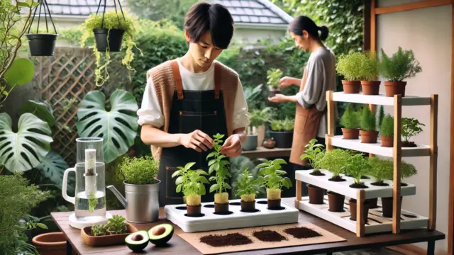 日本人が屋外で植物のケアを教えている様子。さまざまな植物を水耕栽培から土に植え替える手順を実演している。バジル、アボカド、モンステラなどの植物があり、ポットや容器に植えられている。