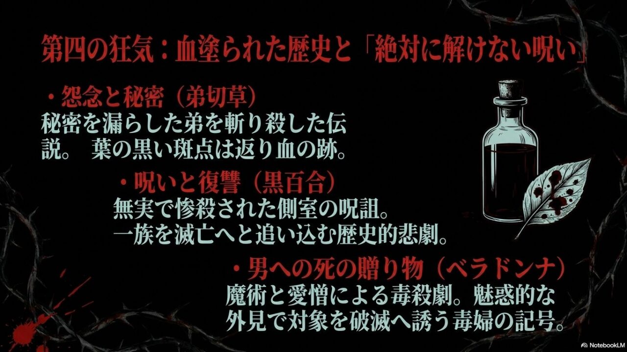 「監禁したい（アイビー）」「束縛したい（テッセン）」「心中したい（桑）」「毒殺したい（ベラドンナ）」「呪いたい（黒百合）」「同情を引く（ガマズミ）」など、創作の目的や感情から隠された裏の意味を持つ植物を検索できる逆引き表のスライド。