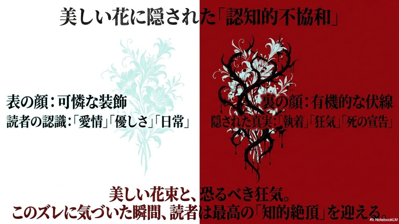 絶対的共依存を意味するアイビー（死んでも離れない）、支配の逆転を意味するテッセン（甘い束縛）、見捨てられ不安を意味するガマズミ（無視したら私は死にます）の3つの植物と、そのヤンデレ的な生態・意味を解説したスライド。
