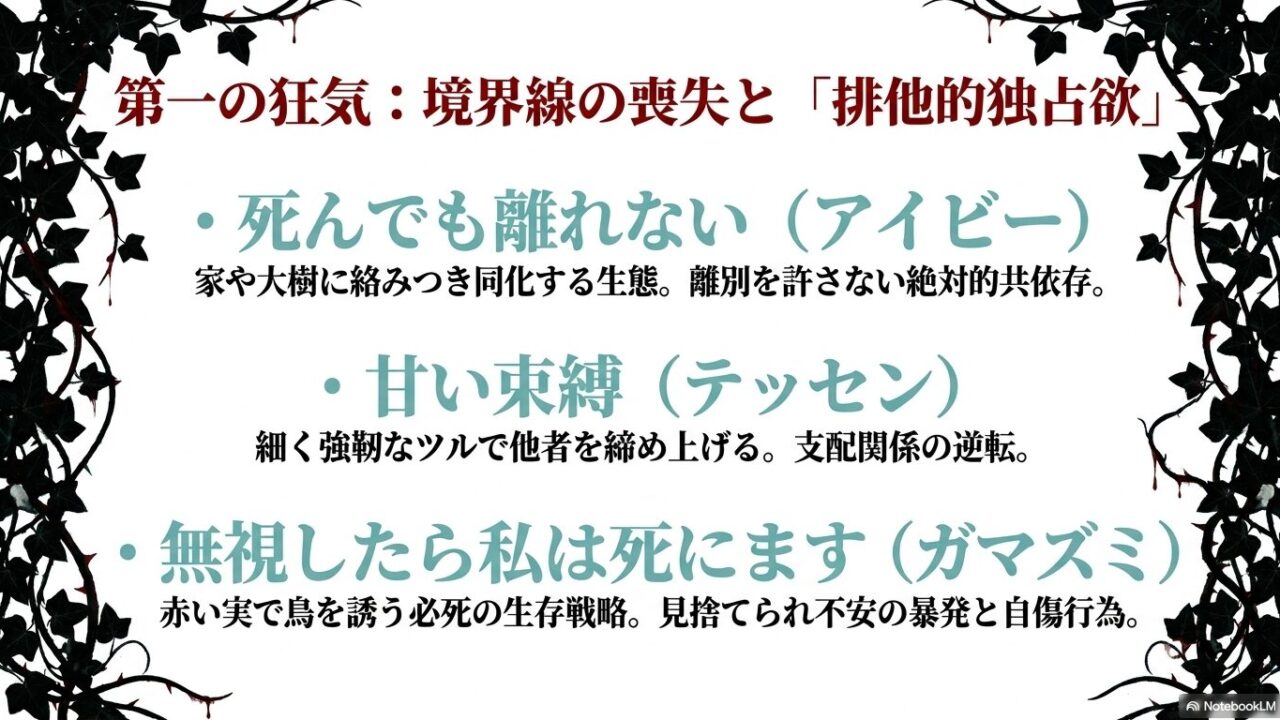 ピュラモスとティスベの神話に基づく桑の実（ともに死のう／あなたより生き延びる）と、ケルマの伝説に基づくスノードロップ（あなたの死を望みます）の背景や視覚的特徴を解説した心中宣告のスライド。