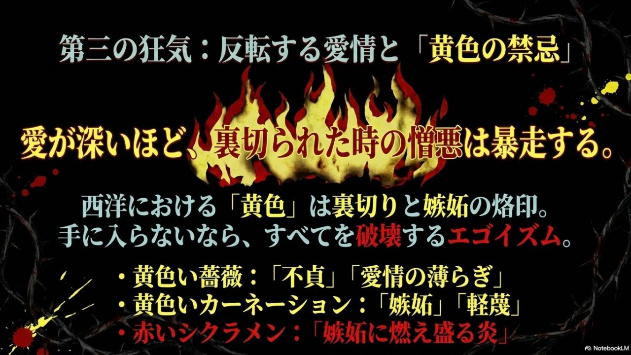黒い背景に血のついた葉と毒薬のボトルのイラスト。弟切草（怨念と秘密）、黒百合（呪いと復讐）、ベラドンナ（男への死の贈り物）という、血塗られた伝説や毒殺劇を持つ植物を解説したスライド