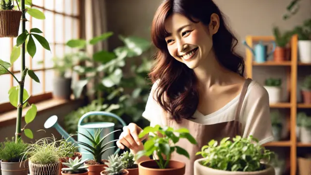 植物を育てることを楽しんでいる日本人女性が、自然光が差し込む部屋で観葉植物を手入れしている様子