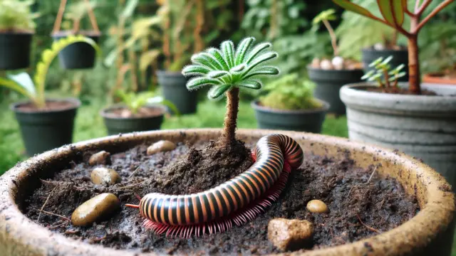 観葉植物の鉢とその周りにいる小さなヤスデが見える庭のシーン。湿った土と小石に囲まれ、背景には他の植物がぼやけて写っている。