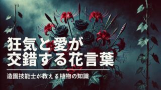 黒い薔薇や赤い彼岸花、暗いチューリップ、アイビーの蔦が絡み合い、不気味ながら美しい印象を与える幻想的な花々の画像。背景は霧がかかったようにミステリアスで、月明かりが淡く差し込む中、強迫的な愛情や狂気を感じさせる雰囲気が漂う。