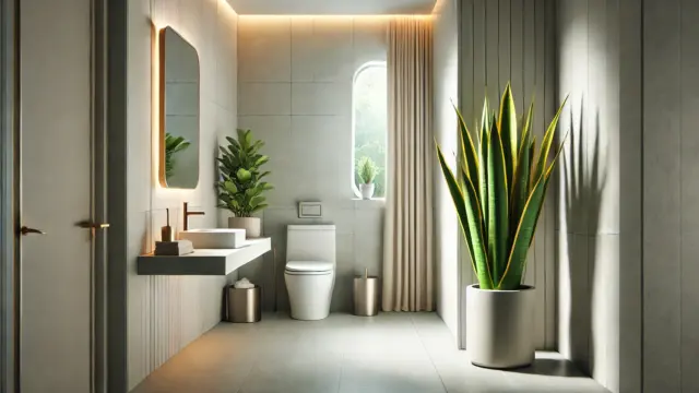 A calm, minimalist restroom interior with a healthy Sansevieria plant in the corner, soft natural light, and clean lines to enhance feng shui energy.