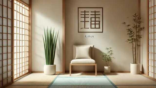 A calm indoor corner representing "Kimon," the northeastern direction in Japanese feng shui, with a Sansevieria plant placed to ward off negative energy in a minimalistic, naturally lit setting.