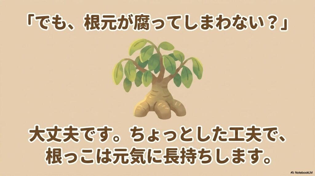 ガジュマルの根元が腐ってしまわないかという疑問と大丈夫という回答