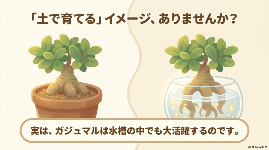 ガジュマルは土で育てるイメージがあるが水槽でも活躍する