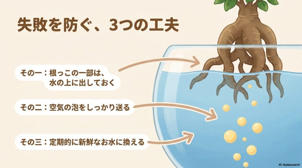 ガジュマルの水槽栽培で失敗を防ぐ3つの工夫(水位・空気・水換え)