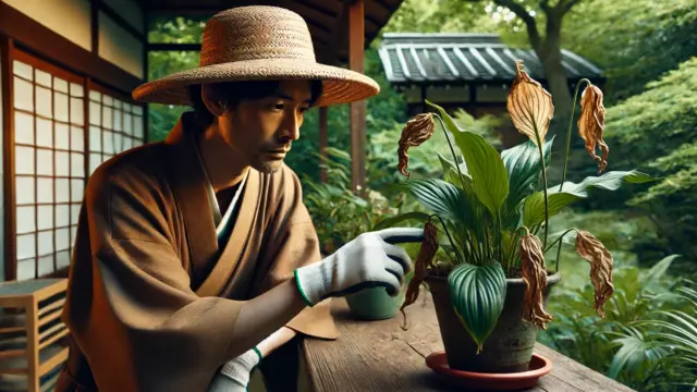 日本人のガーデナーがスパティフィラムの鉢植えを見て、葉先の枯れを心配している様子。背景には日本風の庭が広がっている。