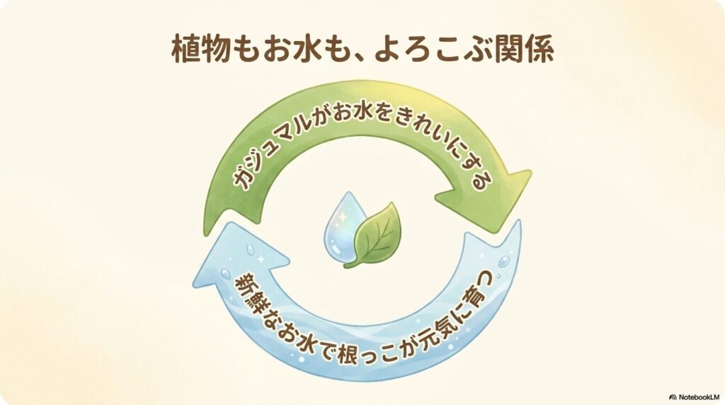 ガジュマルがお水をきれいにし新鮮な水で根が元気に育つ関係