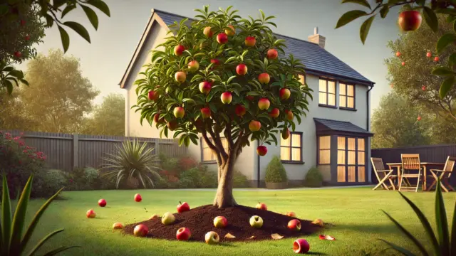 A conceptual illustration of a typical suburban backyard with a fruit-bearing tree, such as an apple tree, dropping ripe fruits onto the ground, symbolizing cultural beliefs about bad luck.