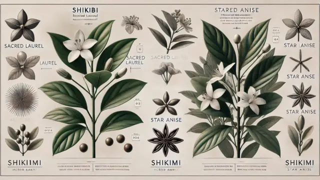 Two plants side by side in a natural setting, showcasing the differences between Shikibi with glossy green leaves and white flowers, and Shikimi with elongated leaves and star-shaped fruits.