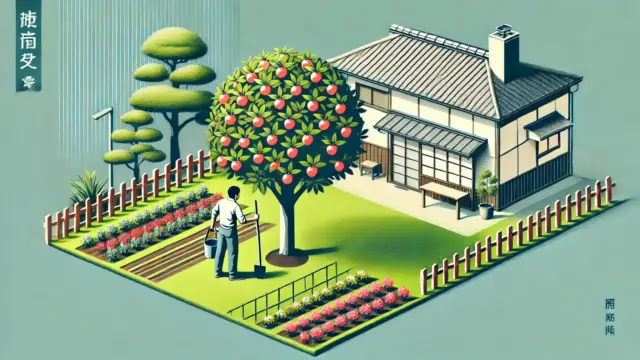 日本庭園でりんごの木を植える日本人を描いた概念的なイラスト。竹垣、小さな池、石灯籠などの伝統的な要素が背景に配置され、和服を着た人物がりんごの苗を植えている。