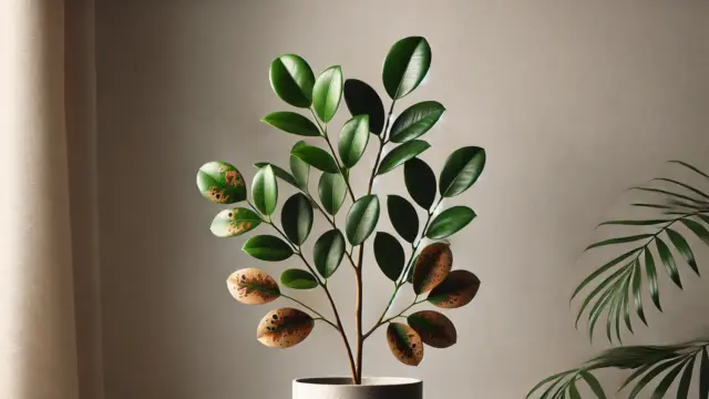 室内で展示されている健康なガジュマル（Ficus Microcarpa）の鉢植え。葉は光沢があり緑色で、別の枝には褐色の斑点や変色が見られ、一般的な葉の問題を示しています。背景はニュートラルで、植物のディテールを引き立てています。