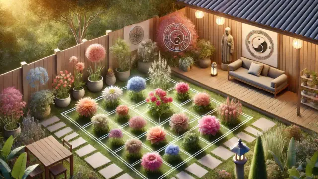 A small backyard garden featuring flowers arranged according to Feng Shui principles, showcasing bright and dimmed flower areas to represent positive and negative energy, with pathways and decorative elements like stones and lanterns.