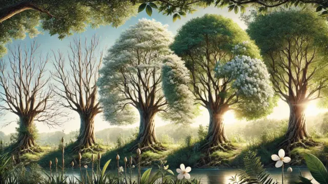 エゴノキ（Styrax japonicus）の寿命を示すイラスト。若い苗木から成木、そして年老いた木まで、時間の経過による変化が描かれている。穏やかな庭園の背景に、柔らかな日差しが木々を照らし、エゴノキの長い成長の旅を表現している。