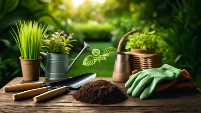 手入れの行き届いた庭の中で、植え付けの準備が整った小さな植栽スペースと、スコップや手袋、ジョウロなどの園芸ツールが並べられている。鮮やかな緑の苗が目立ち、植え付け前の整った準備が強調された風景。