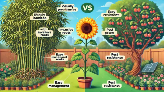 この画像は、庭に適さない植物（例えば、侵食性の高い竹や害虫を引き寄せる桜）と、管理が簡単で縁起が良いとされるひまわりの違いを描いたイラストです。一方には庭に問題を引き起こす植物、もう一方には明るいエネルギーを象徴する健康的なひまわりが配置されており、視覚的にそれぞれの特徴を比較しています。