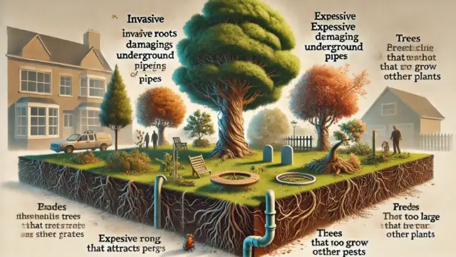 庭に植えると問題を引き起こす可能性がある木の特徴を視覚的に説明したイメージです。この画像では、侵入する根が配管を破壊する様子、大量の落葉で地面が散らかる場面、害虫を引き寄せる木、成長しすぎて庭を覆う木などの問題が描かれています。