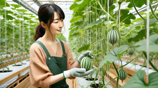 日本人女性の農家がなり駒マクワウリの栽培特徴を説明している様子。温室内で健康的なツルを手入れしながら、生育方法を紹介。