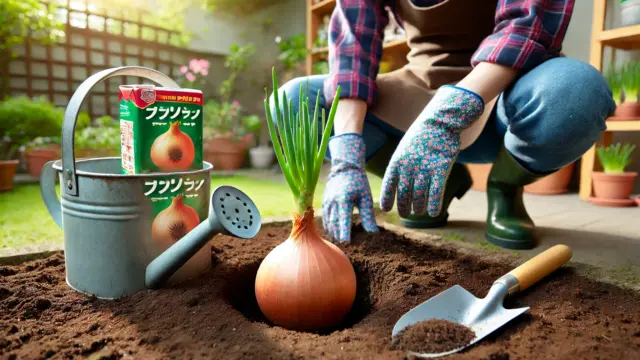 日本人がスーパーで購入した玉ねぎを庭に植えている様子。発芽した玉ねぎが土に植えられ、成長する可能性を検証