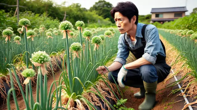 ネギ畑を観察する日本人農家。放置されたネギが伸びすぎ、一部は花を咲かせている。農家は心配そうに植物をチェックしている。