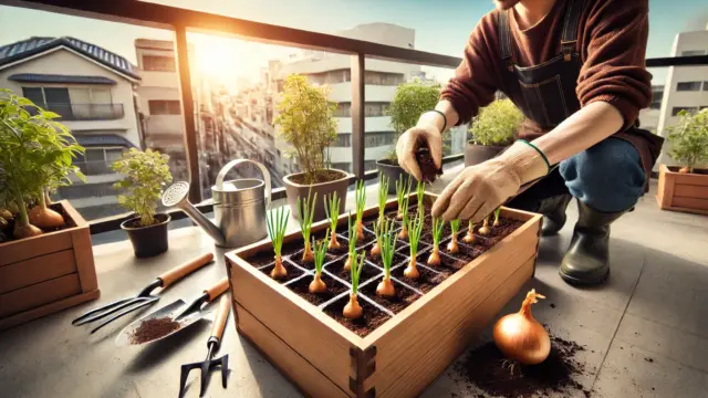 日本人のガーデナーがベランダでプランターに玉ねぎを植えている様子。簡単にできる家庭菜園の方法を紹介