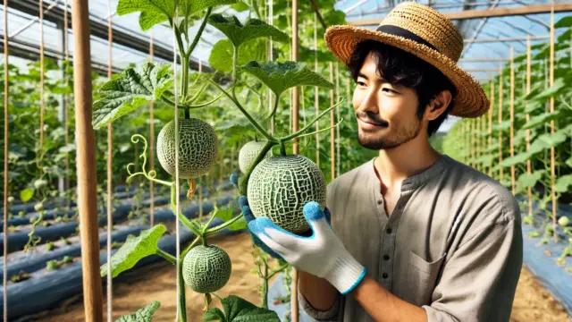日本人農家が温室でプリンスメロンの成長を確認。複数のメロンがつるに実り、支柱に支えられた栽培風景。