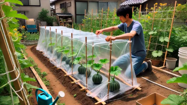 100均の材料を使ってメロン用の雨よけを設置する日本人の庭師。透明なビニールシートを支柱に固定し、風通しを確保しながらDIYで設置している様子。