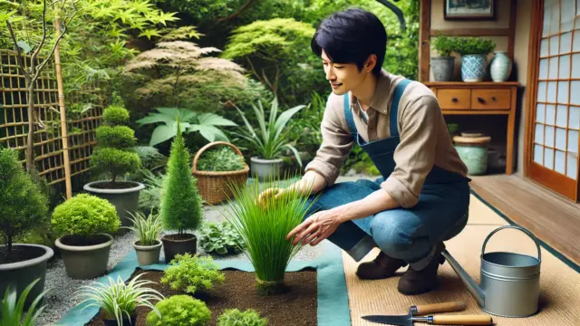 日本人の庭師が、植えっぱなしでも健康に育つヤブランを観察している様子。手入れの少ない庭づくりを示唆するイメージ。