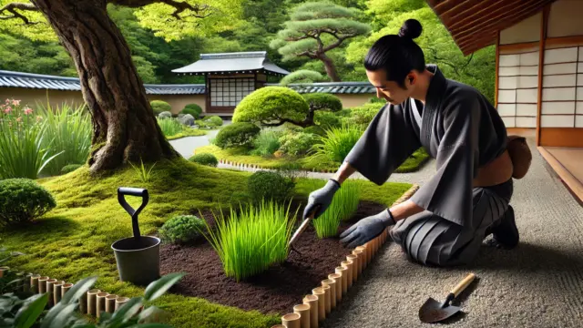 理想的な植え場所を選ぶ日本人庭師が、ヤブラン（リリオペ）を慎重に植えている様子。適した植栽環境として、木陰の根元、庭の小道沿い、水はけの良い花壇が含まれる。