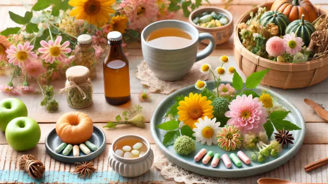 菊芋茶を飲む日本人の女性と健康を象徴する背景、菊芋の花や根のイメージ